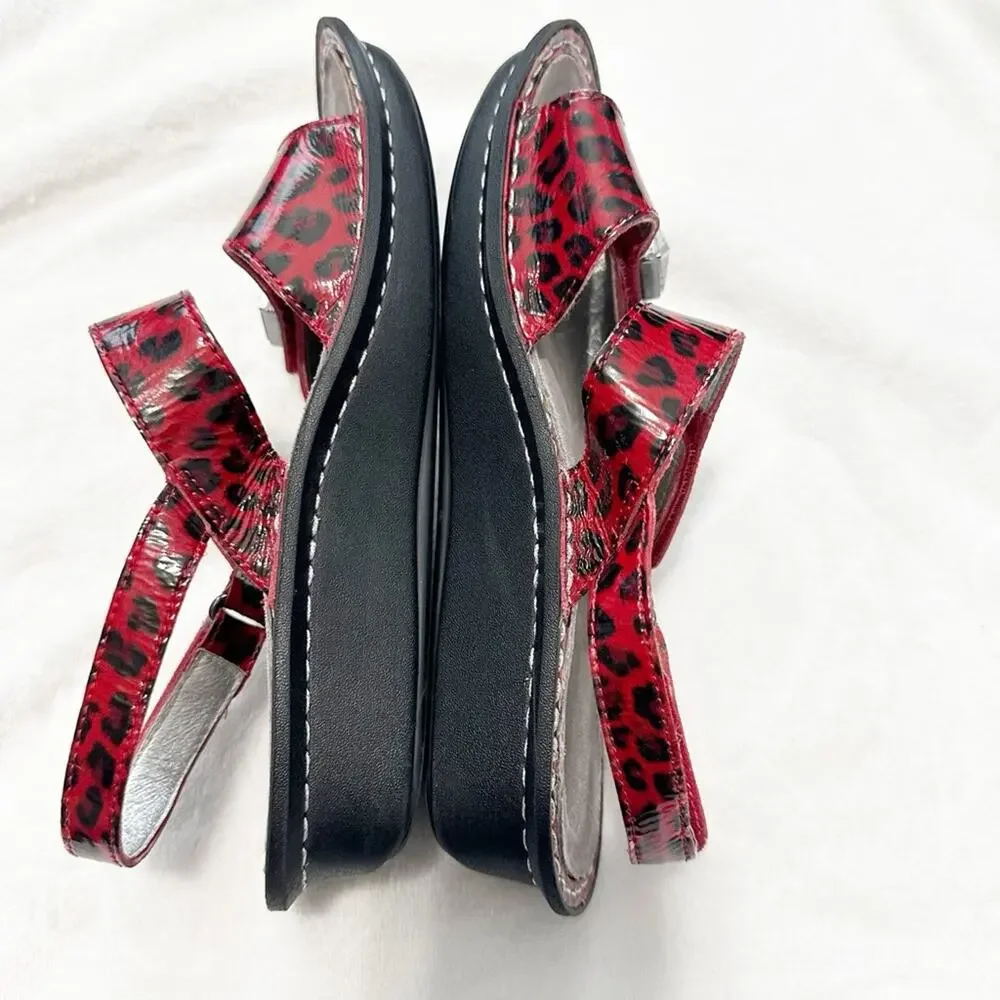Alegria red snow leopard sandals open toe Velcro silver embellished size 37
